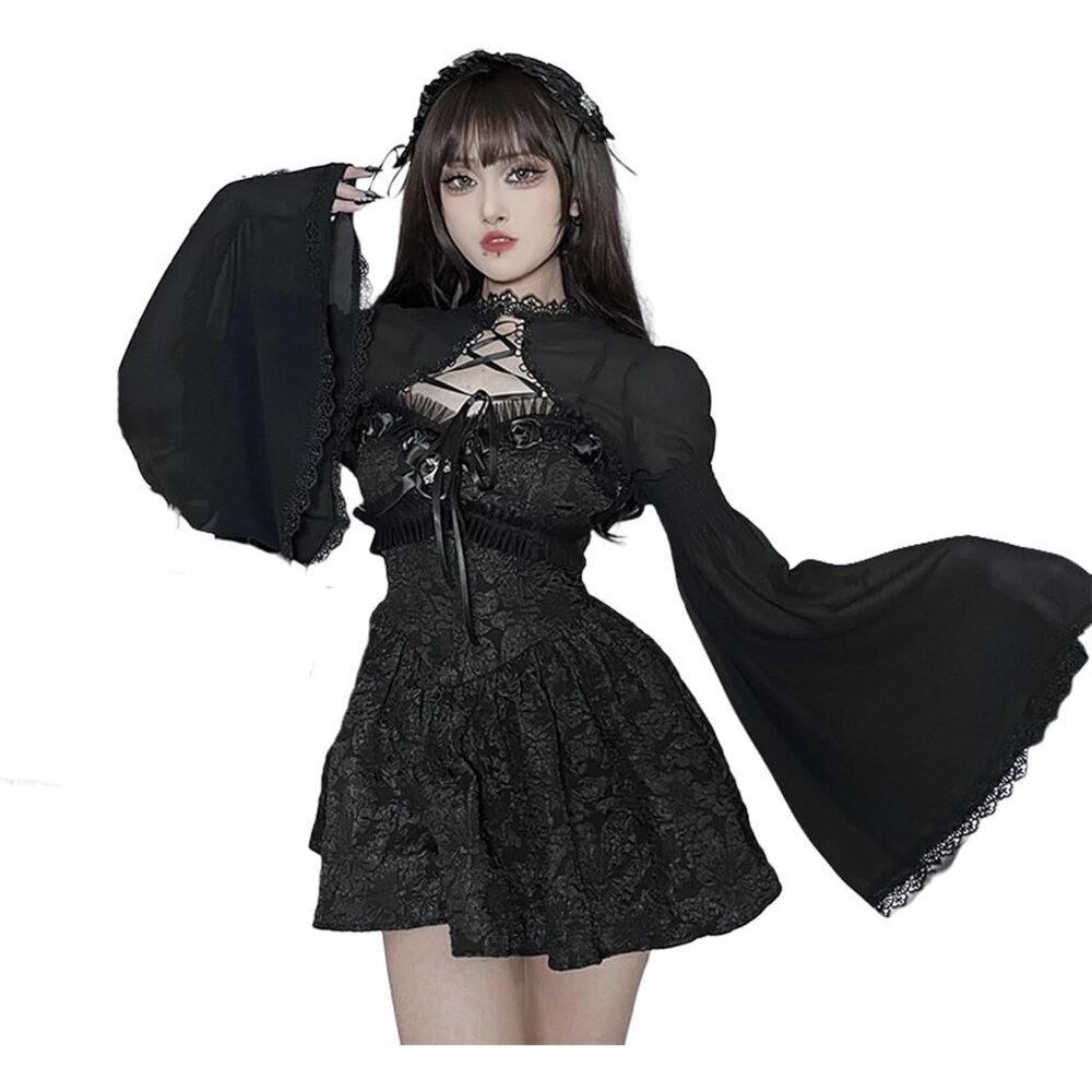 Women's Black Goth Bell Long Sleeve Bolero Shrug Crop Top